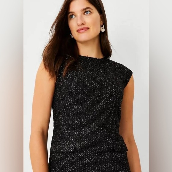 NEW $149 ANN TAYLOR BLACK SHIMMER TWEED Flap POCKET DRESS 6 Petite Money Chic - Picture 2 of 15
